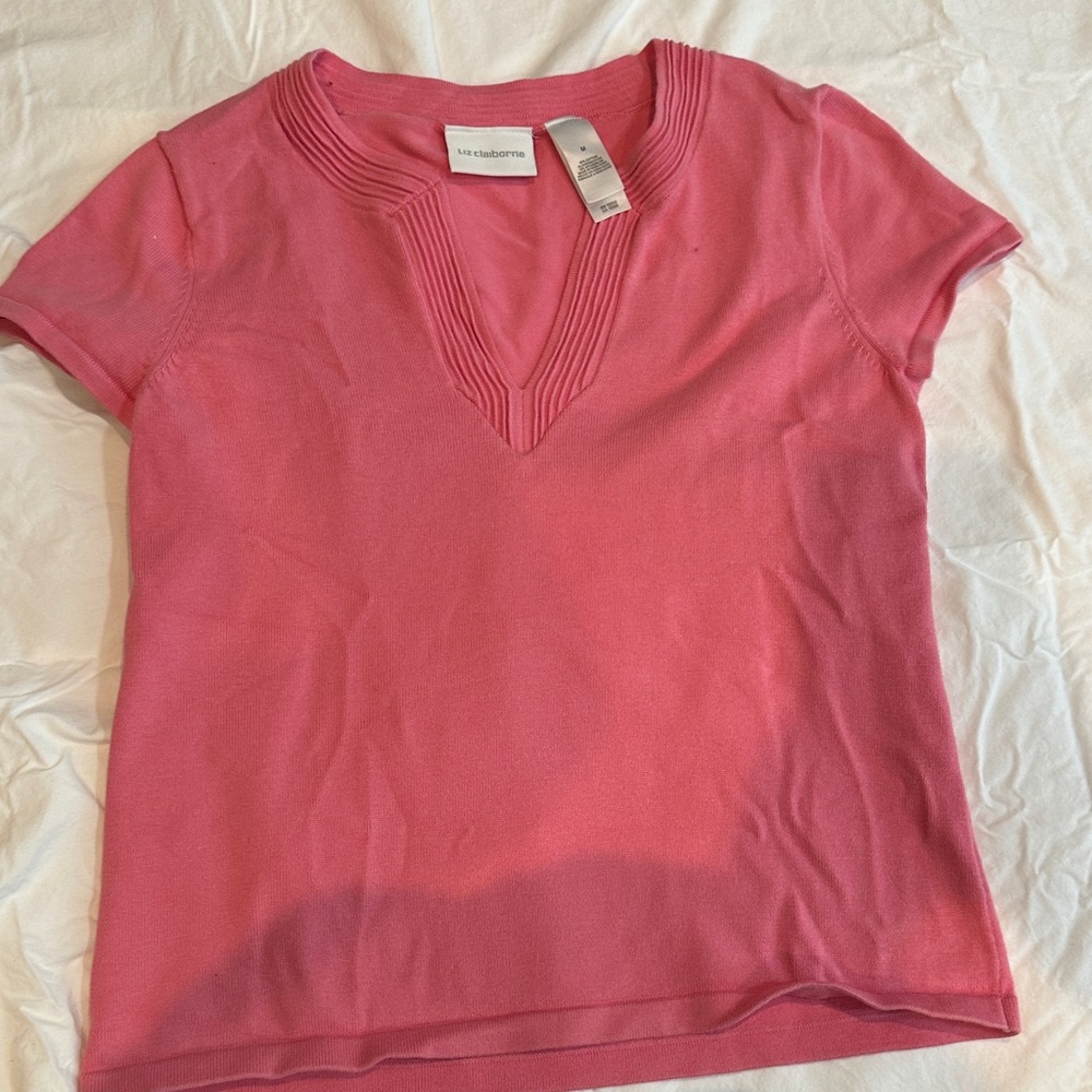 Liz Claiborne -Pink Short Sleeve V-Notch Knit Top